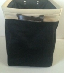 NEW! Black/Tan Canvas Storage Tote Bin Brown Vegan Leather Handles Fabric Lined