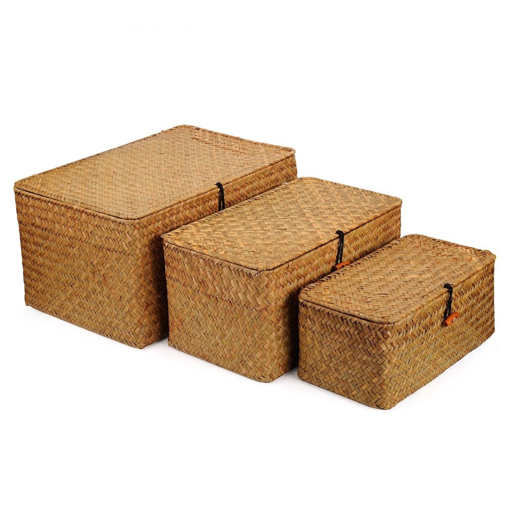 Set of 3 Natural Seagrass Storage Baskets with Lid – Large Handwoven Wicker Stor