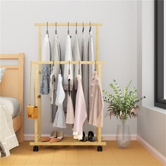 Double Hanging Rod Wooden Clothes Rack Portable Rolling Garment Rack Organizer