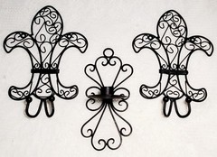 Set of 2 Black Metal Iron Fleur de Lis Wall Hooks & 1 Candle Holder Scroll Vtg