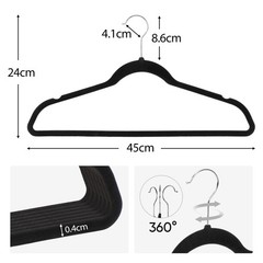 100PCS Velvet Hangers Non-Slip Flocked Clothes Hangers w/ 360° Swivel Hook Black