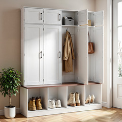59 in Hall Tree w/ Bench Shoe Cabinet Storage Hooks Entryway White