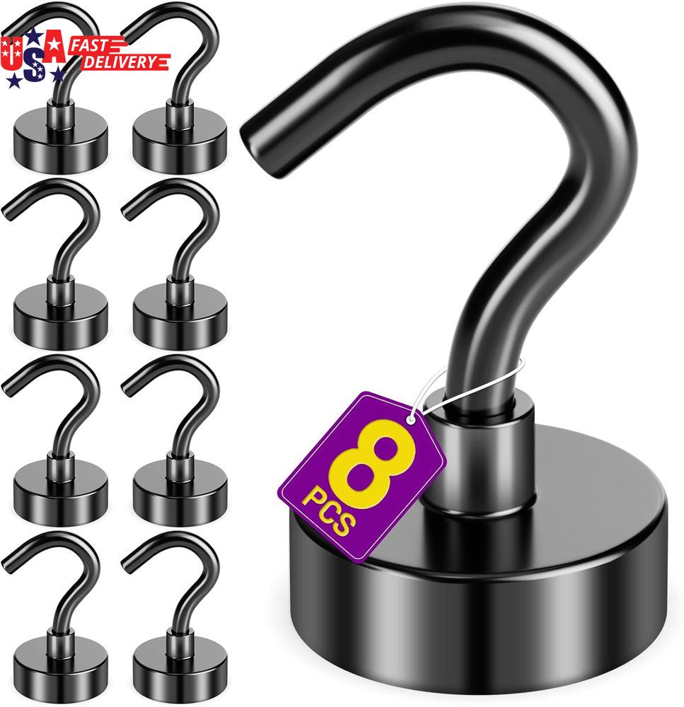 8 Pack Black Magnetic Hooks, 30 LB Neodymium Magnetic Hooks for Cruise Cabins, S