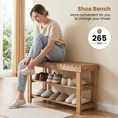 3-Tier Solid Wood Shoe Rack Bench Free Standing Shoe Organizer w/Slatted Shelves