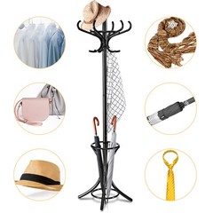 Wood Standing Hat Coat Jacket Bag Hanger with Umbrella Stand & 12 Hooks Black