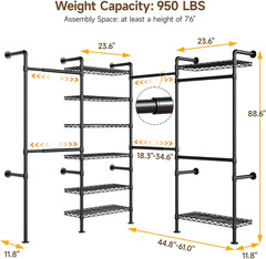 L4 Wall Mounted Industrial Pipe Clothing Rack, Closet Organizer System with 6 Ha
