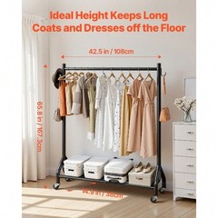 42 In Rolling Clothes Rack 198lb Carbon Steel Hanging Rod Side Hooks Wheels
