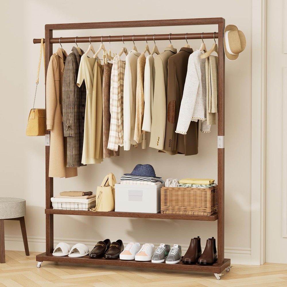 Wamhom Solid Wood Clothes Rack with Wheels | 3-in-1 Freestanding Garment Rack…
