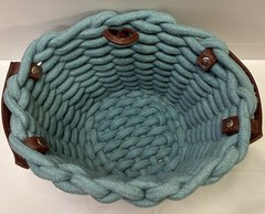 Braided Rope Storage Basket Aqua Blue w/ Faux Leather Handles Boho