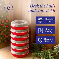 Homz 24 Inch Seasonal Holiday Christmas Plastic Wreath Storage Box, Red (6 Pack)