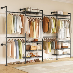 L4 Wall Mounted Industrial Pipe Clothing Rack, Closet Organizer System with 6 Ha