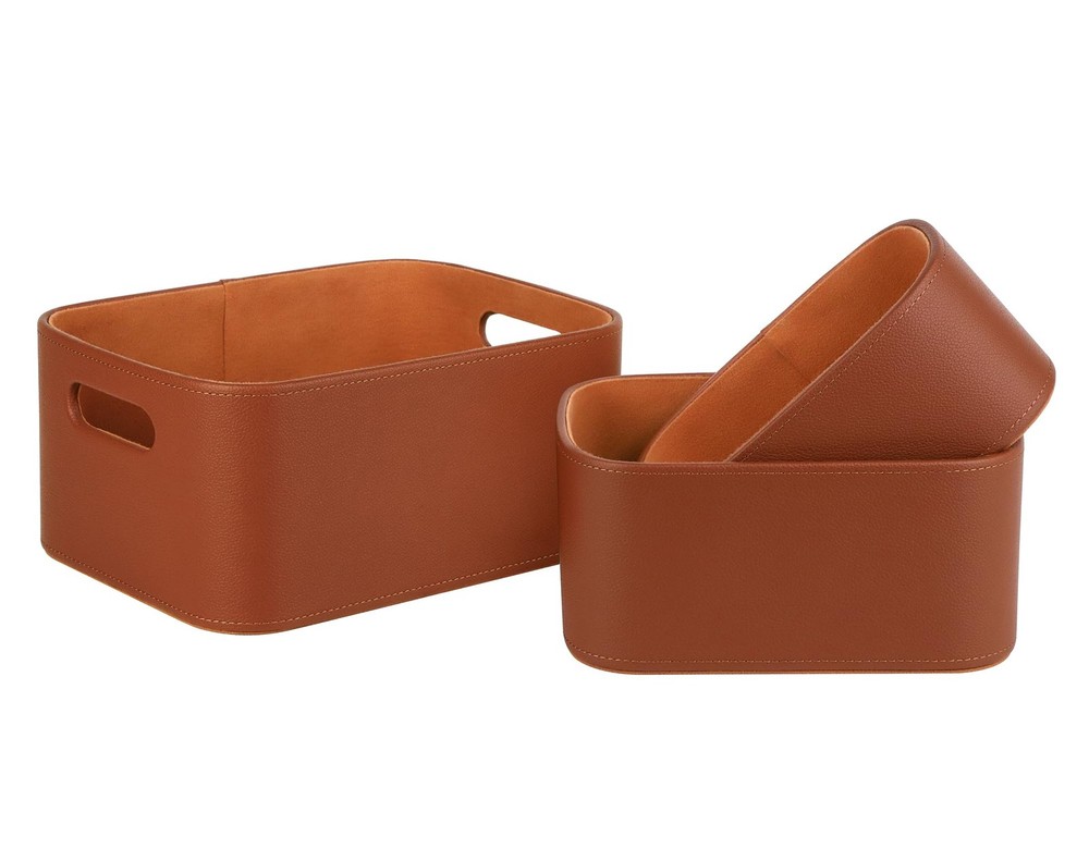 3 PCS Faux Leather Storage Baskets Velvet Lining Nesting Shelf Boxes Brown