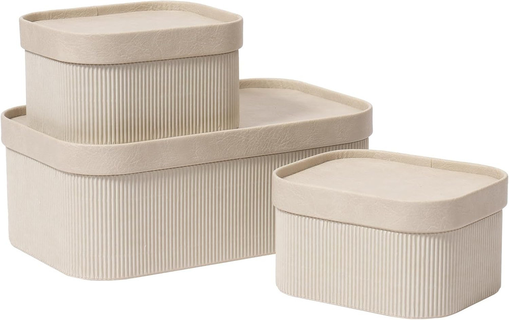 Ivory Fluted Cardboard Storage Baskets with Vegan Leather Lids, Set of 3