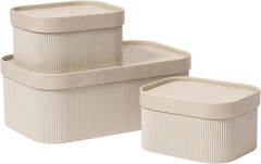Ivory Fluted Cardboard Storage Baskets with Vegan Leather Lids, Set of 3