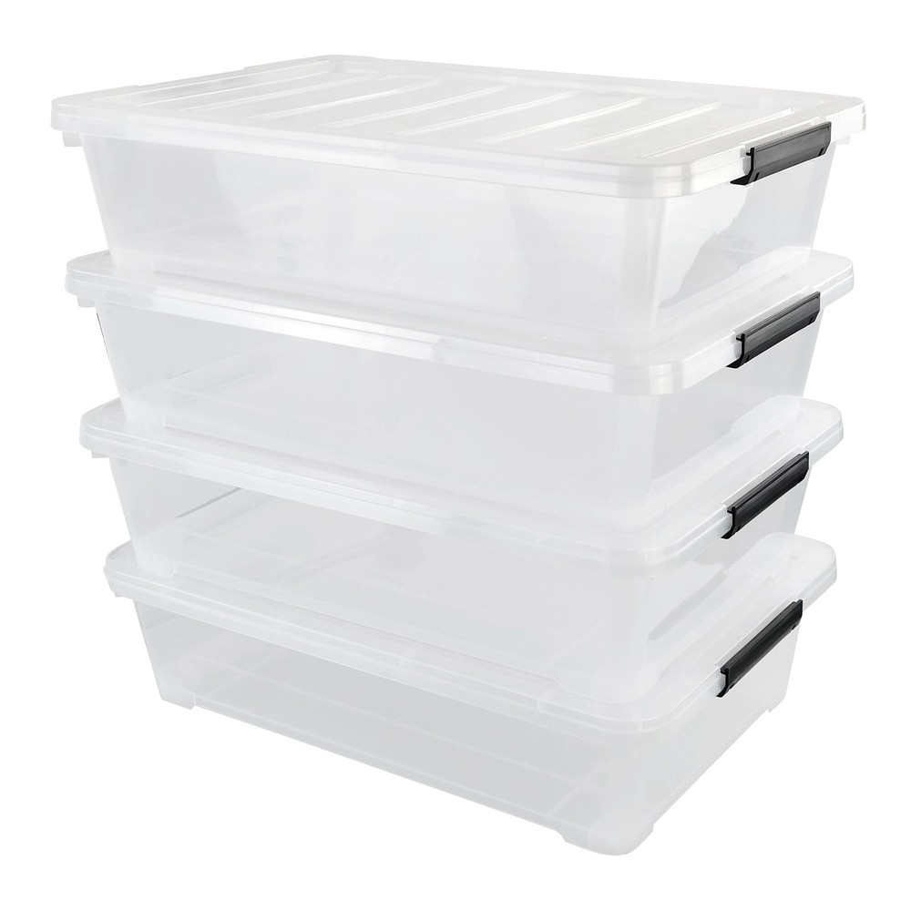 Kekow 4X Under Bed Storage Box w/ Lid & Wheels 40 Qt Plastic Stackable Organizer