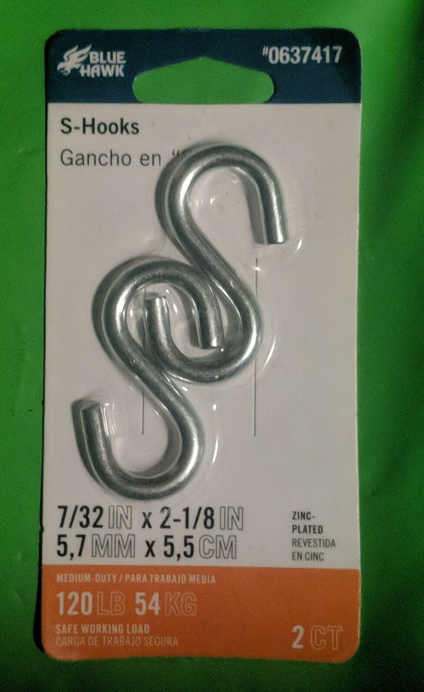 S-Hooks Blue Hawk  7/32 IN x 2 1/8 IN 120 lb Zinc Plated New!  (PACK OF 2)
