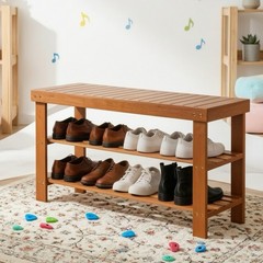 3-Tier Bamboo Shoe Rack Bench – Entryway Mudroom Wooden Storage Shelf Walnut