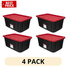 (4Pack)Hyper Tough 27 Gallon Storage Bin Snap Lid Black Red Heavy Duty Container