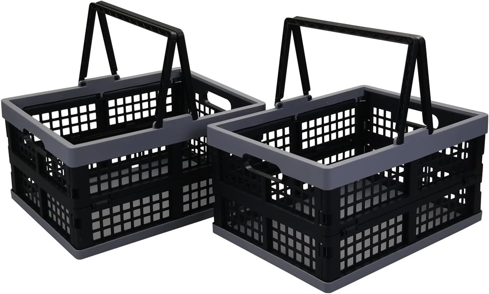 2-Pack Collapsible Plastic Shopping Baskets with Handle – Portable & Stackable