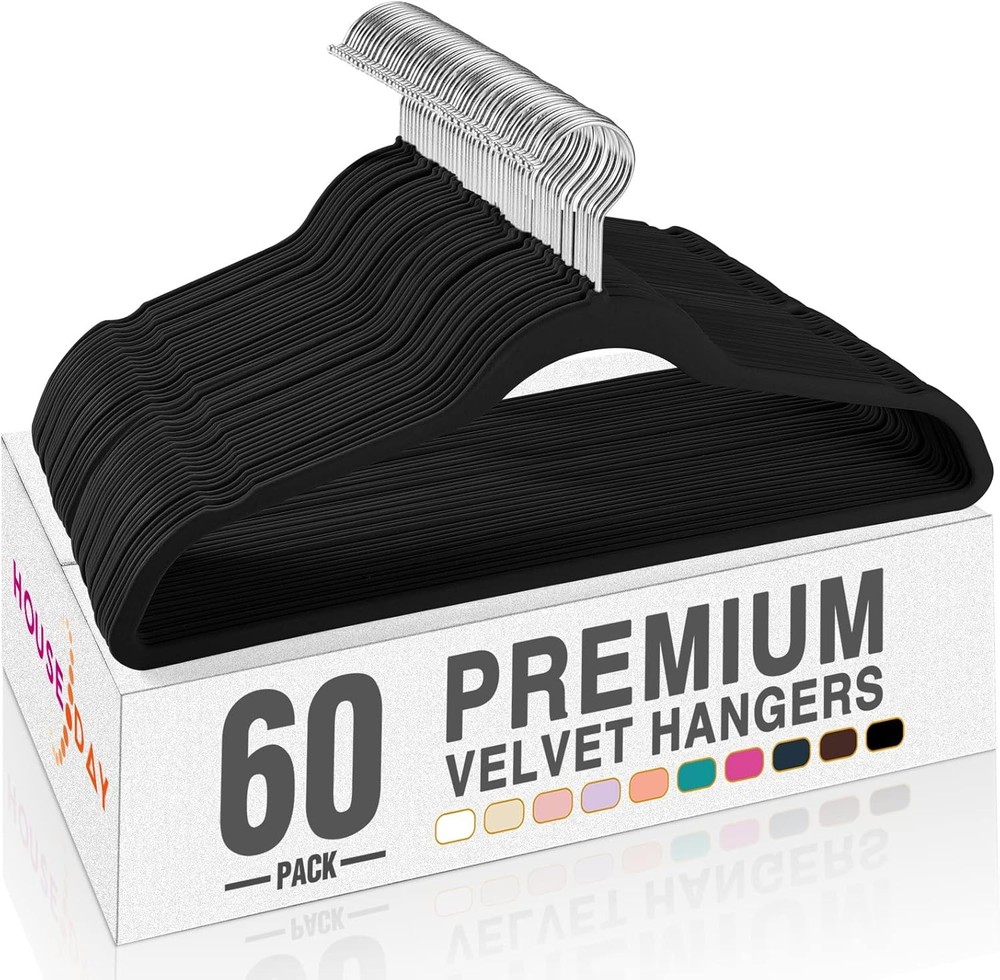 HOUSE DAY Black Velvet Hangers 60pck Non Slip Clothes Felt Hanger Heavy Duty NEW
