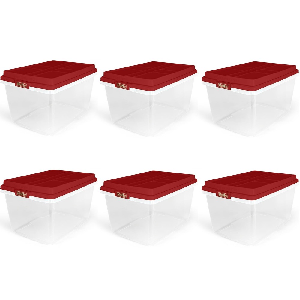 Hefty 72 Quart Clear Plastic Christmas Storage Bin with Holiday Red HIRISE Lid,