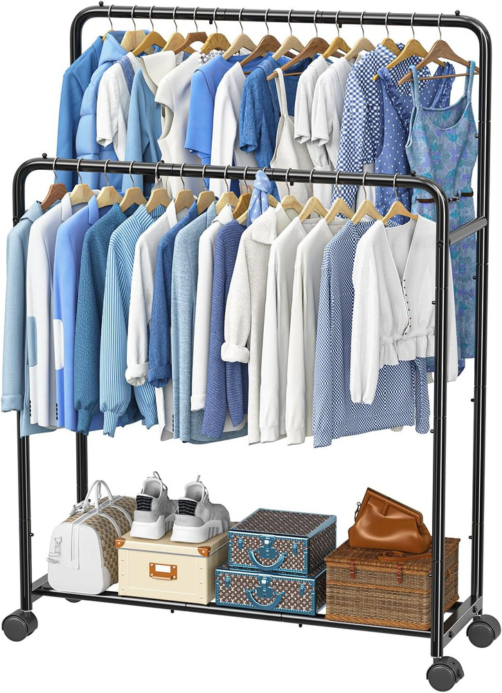 Clothing Clothes Rack Double Rods with Wheels, Rolling Metal Garment Rack for Ha