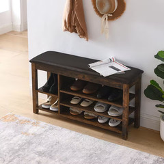 39.5 In. Height-Adjustable Shoe Bench with Storage-Natural Rubberwood, PU Leathe
