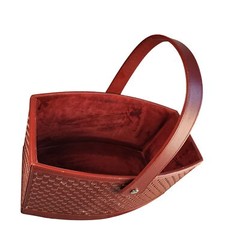 Woven Faux Leather and Wood Basket With Handle – Rectangular Design Deep Red Col