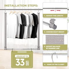 Hanging Closet Rod, 17-28In Width and Up to 32In Height Webbing-1 Pack Gray