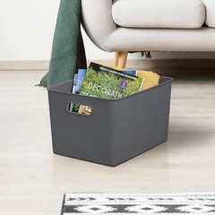 Superio Grey Ribbed Storage Bin with Lid, Plastic (22L, 15L, 5L) -Set of 3