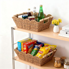 Hand Woven Scalloped Storage Baskets with Wooden Handle – Set of 2