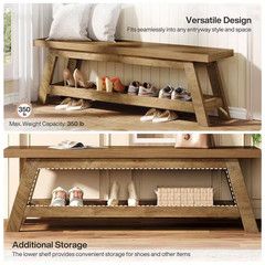 17In. H X 55 In. W Walnut Wood Shoe Storage Bench, 2-Tier Foyer Seating Bench wi