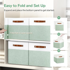 Large 13×13 Fabric Storage Cubes 4-Pack with Labels – White/Green Bins