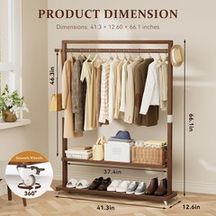 Wamhom Solid Wood Clothes Rack with Wheels | 3-in-1 Freestanding Garment Rack…