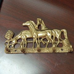 Gold Metal Brass Finish Horse Wall-Mounted Hook Rack, Traditional Style, 4 Hooks