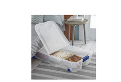 66 Qt Clear Underbed Storage Bin with Lid & Wheels Blue Rolling Box