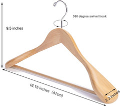 Natural Wooden Suit Coat Hangers – 16 Inch Anti-Slip Bar, 6 Pack