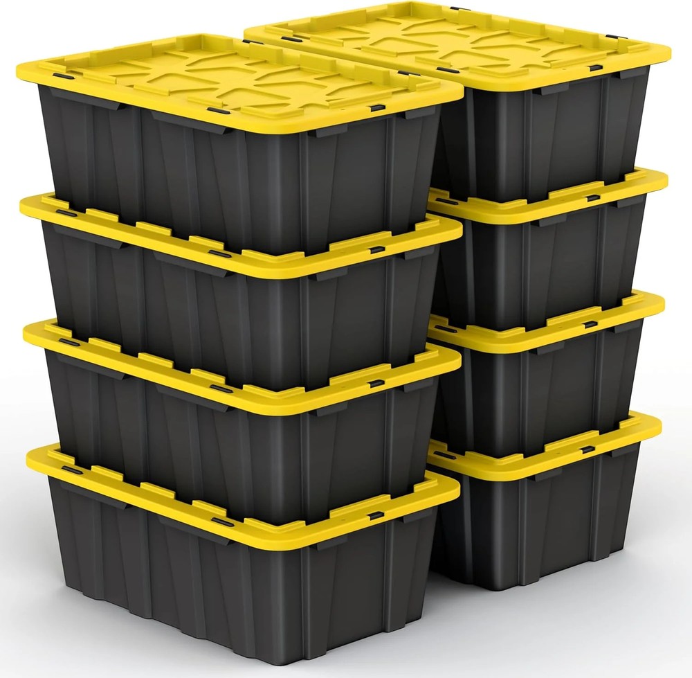 8 PACK of 12 Gallon Medium Black & Yellow Storage Bins | Plastic Tote Organizing
