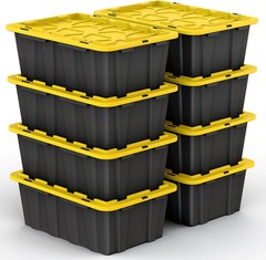 8 PACK of 12 Gallon Medium Black & Yellow Storage Bins | Plastic Tote Organizing