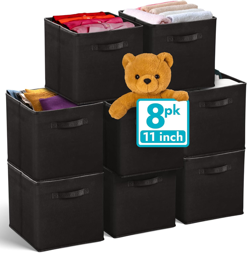 Black Fabric Storage Cubes 8 Pack – 11×11 Collapsible Organizer Bins