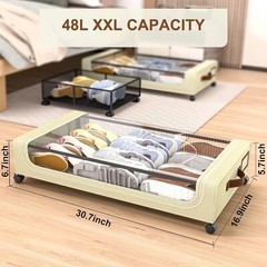 GoMaihe XXL Under Bed Storage | 4-Pack Rolling Bins with Clear Lids for Clothes
