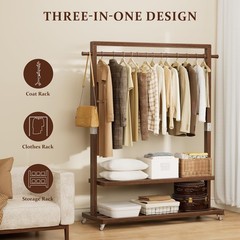 Wamhom Solid Wood Clothes Rack with Wheels | 3-in-1 Freestanding Garment Rack…