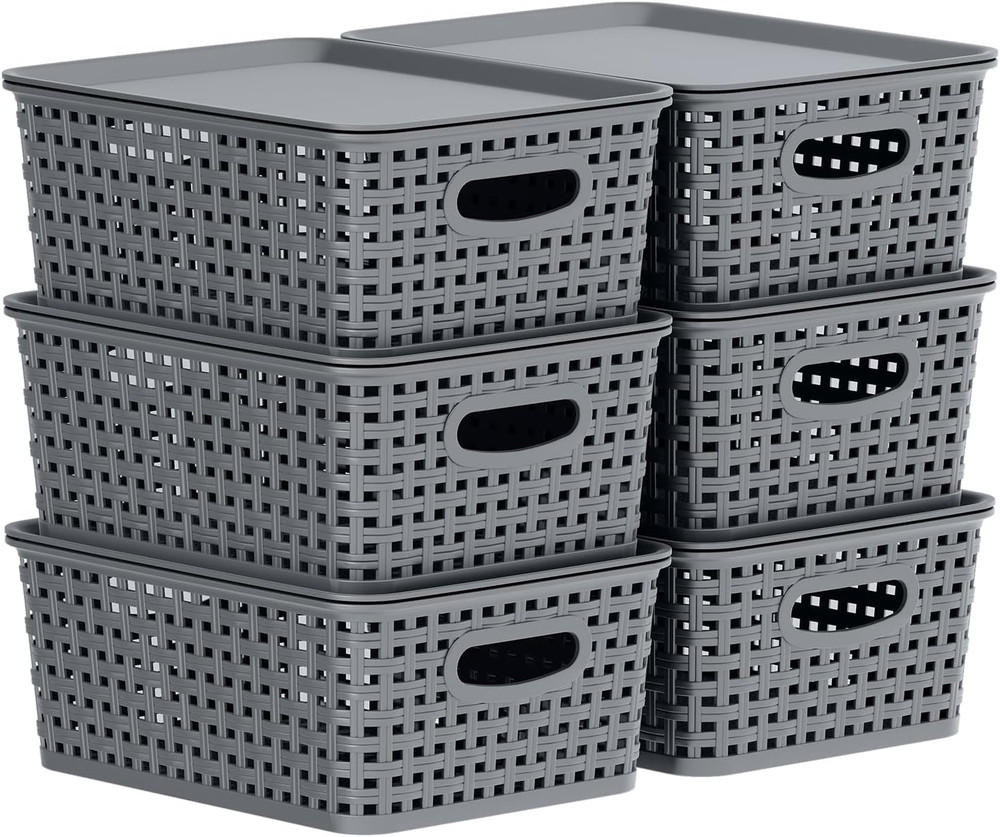 Stackable Grey Plastic Storage Baskets with Lids – 6 Pack Organizer Bins