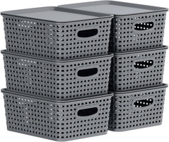 Stackable Grey Plastic Storage Baskets with Lids – 6 Pack Organizer Bins