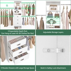 48-96 in Closet System with 3 Wooden Drawers ＆ 3 Expandable Hanging Rods ＆Towers