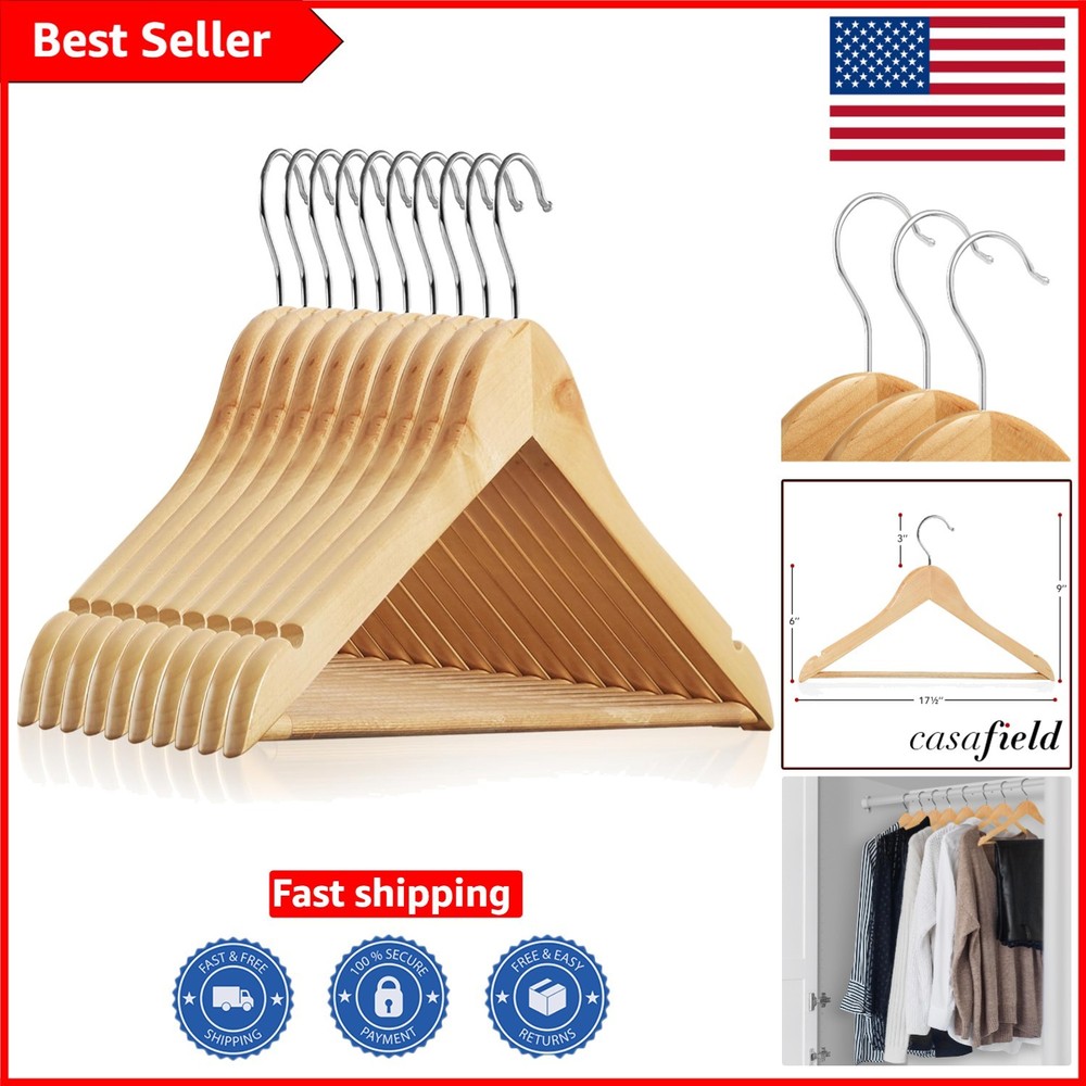 Elegant 10 Count Wooden Suit Hangers – Chrome Hook and Notches for All Clothing