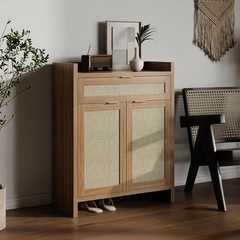 Boho Shoe Cabinet, 32 in Rattan Shoe Organizer with Doors and Drawer, Coffee …