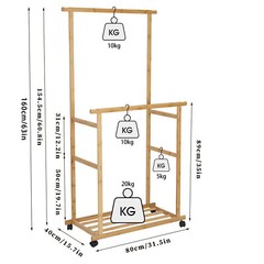 Double Hanging Rod Wooden Clothes Rack Portable Rolling Garment Rack Organizer
