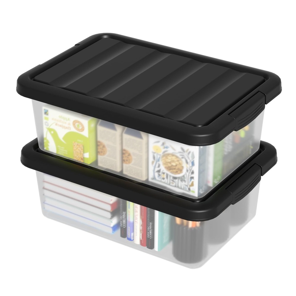 2 PCS 14 Quart Basic Clear Plastic Stackable Storage Box Bin Black Lid