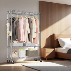Chrome Carbon Steel Rolling Clothes Rack 3-Tier Garment Rack on Wheels W/ Rod Me